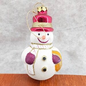 Snowman Christmas Ornament Glass‎ Red Hat Gold Accents Holiday Decor